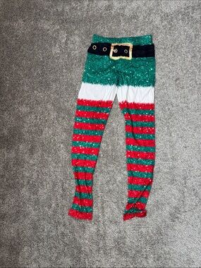 Holiday Elf Belted Leggings — Green, Red & White